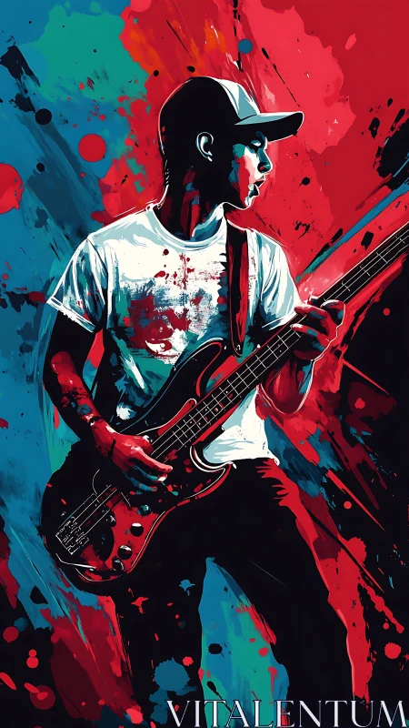 Male guitarist in cap amid contrasting paint splashes.