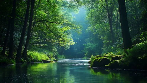 Enchanted River Cathedral Through Towering Forest Canopy.
