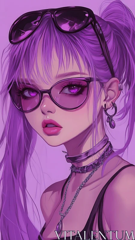 Purple haired girl with glasses in monochrome palette.