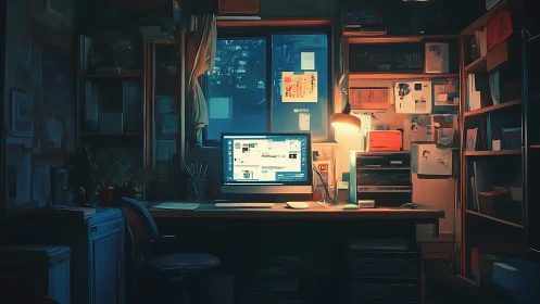 Dimly lit home office desk with computer and wall storage.