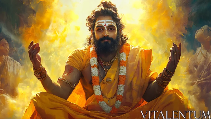 Radiant yogic sage in saffron robes amid luminous aura field.