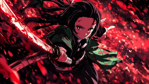 Dynamic anime swordsman in red motion blur battle field