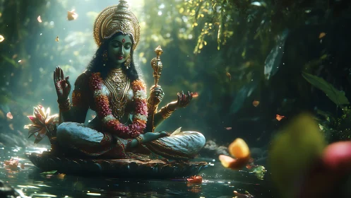 Verdant river goddess meditates on a drifting lotus throne