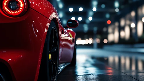 Rear quarter hypercar study with wet bokeh urban lighting.