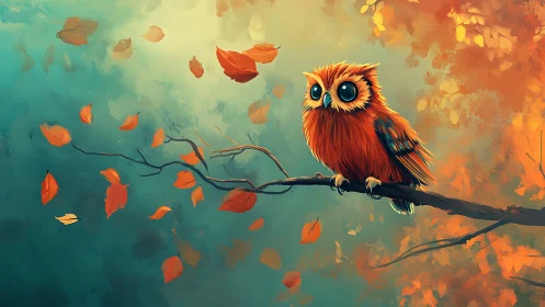 Cute Big-Eyed Owl on Branch in Autumn Forest, Digital Painting.