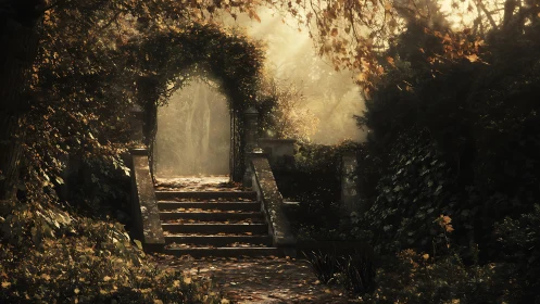 Golden garden archway inviting quiet autumn wanderings.