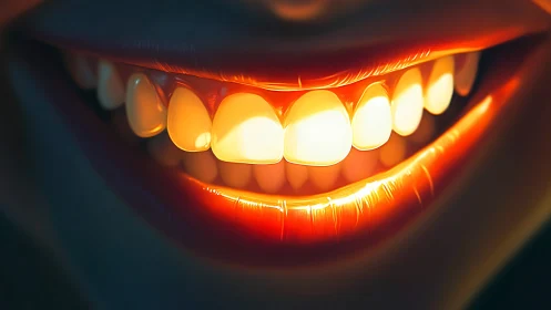 Close-up illuminated smile with glowing teeth and lips.