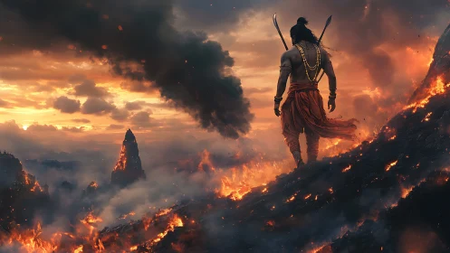 Warrior at dusk striding through rivers of flame and smoke.
