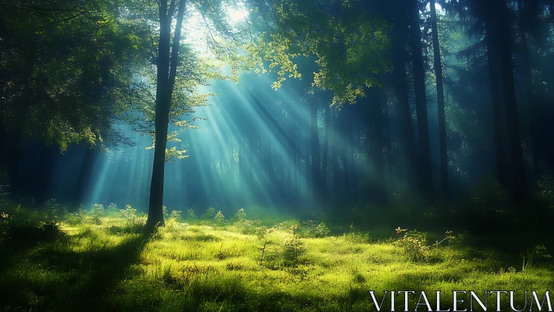 Sunbeams Filtering Through Dense Forest Canopy, Dreamy Nature Scene.