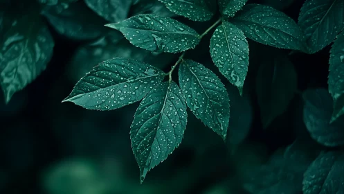 Emerald leaves sparkle with delicate raindrops at dusk.
