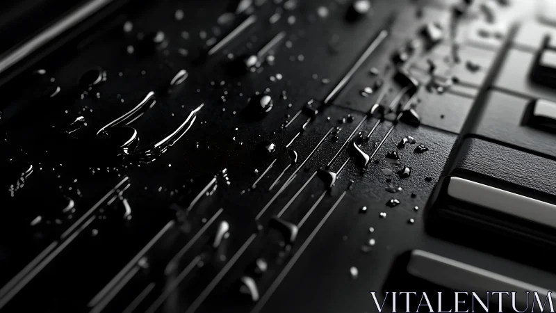 Hydrophobic droplets on electronic keyboard surface in macro focus.