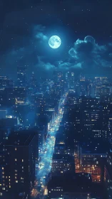 Moonlit blue city skyline above glowing night avenue.
