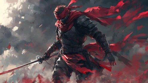 Armored swordsman in red cloth amid stormy abstract field.