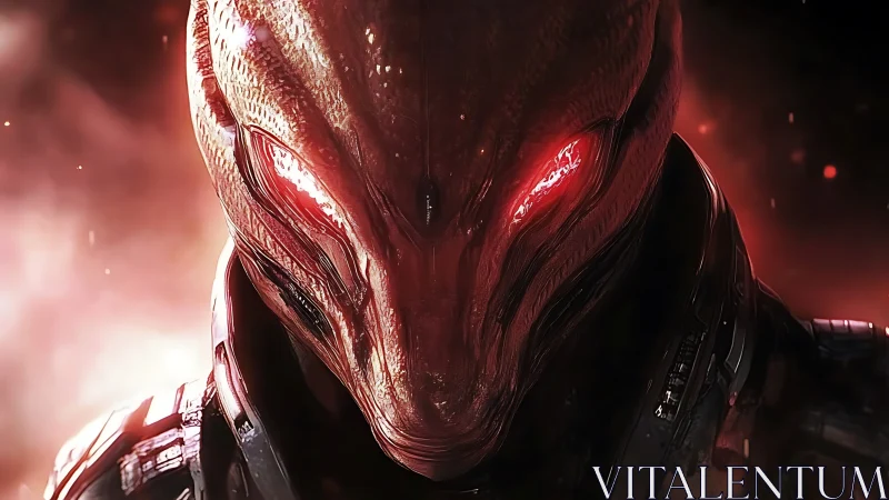 Alien warlord portrait under burning crimson light.