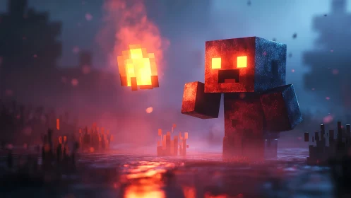 Pixel ember golem stalks a misty neon marsh at midnight.