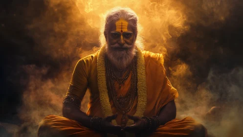 Golden sadhu meditates in swirling sacred smoke glow.