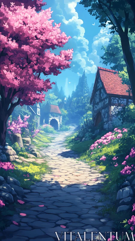 Sunlit cobblestone path winds through a blooming village.