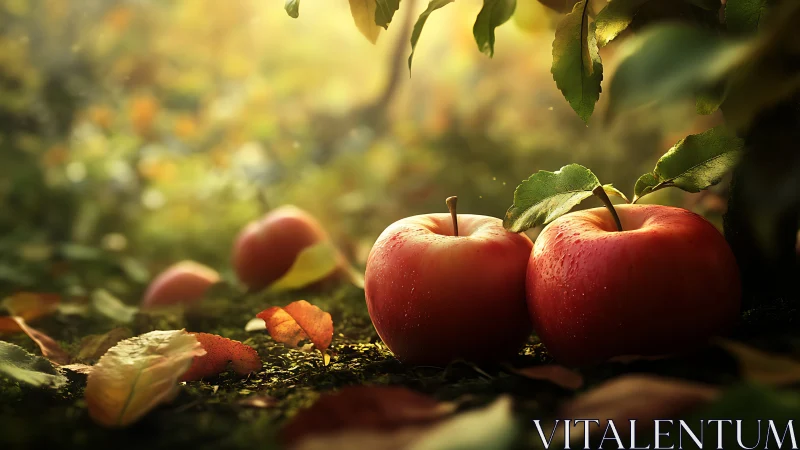 Ripe apples rest in warm forest light after autumn rainfall