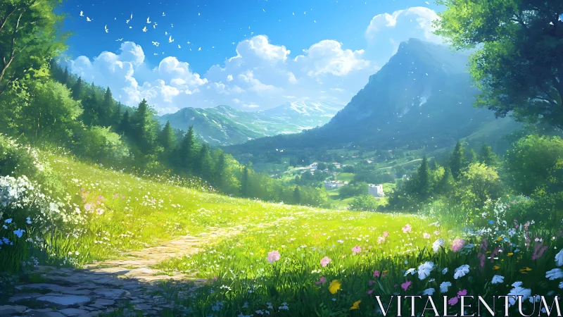 Mountain valley meadow landscape shows path and distant village