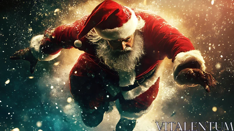 Flying Santa Claus surges through glowing winter snowfall