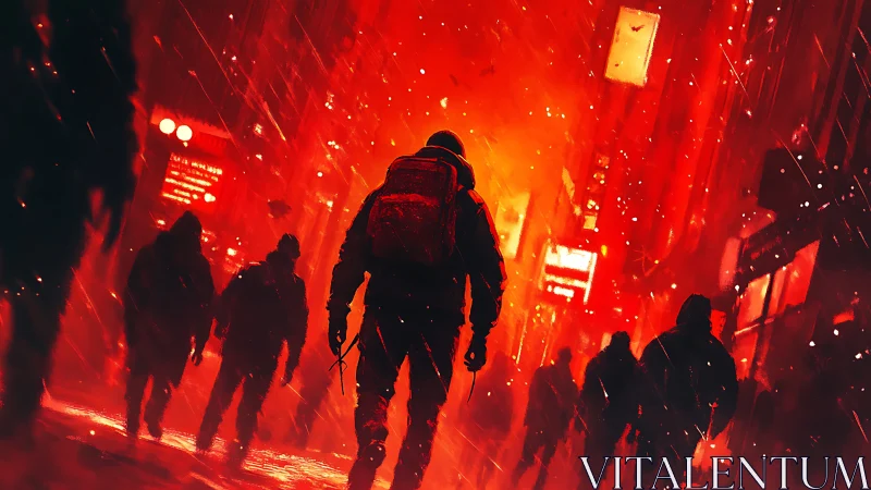 Lone hooded figure advances through a neon-red urban inferno