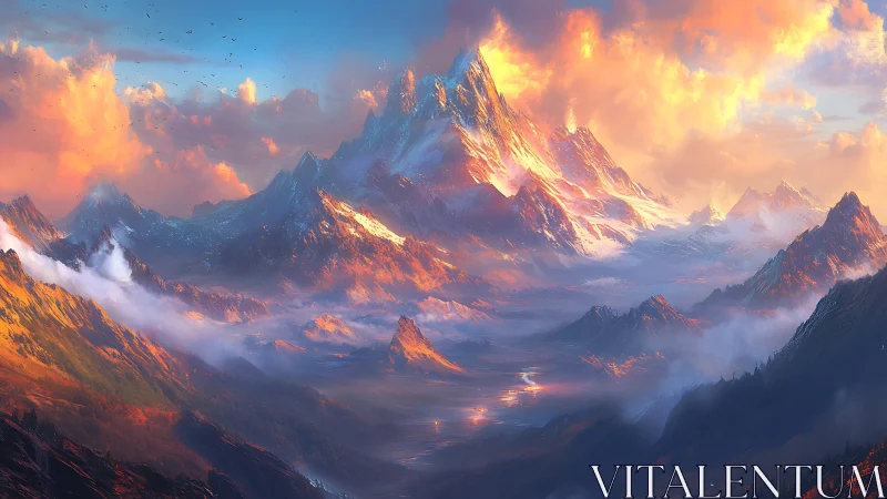 Sunlit fantasy peaks glow above a misty, painted valley