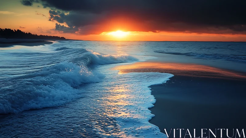 Coastal surfline under dramatic golden hour sunset glow.