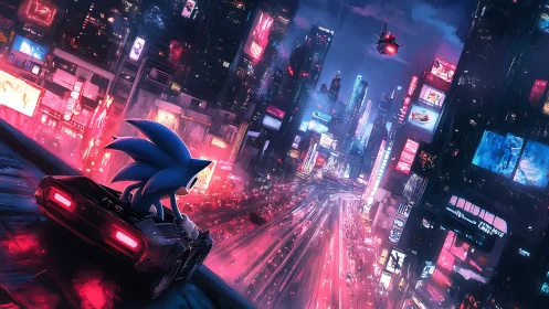 Blue hedgehog outruns neon traffic in cyberpunk megacity.