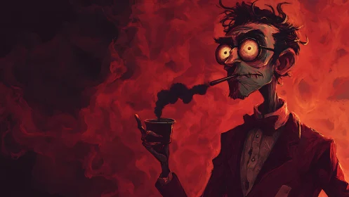 Gaunt smoker in red haze contemplates his burning cup.