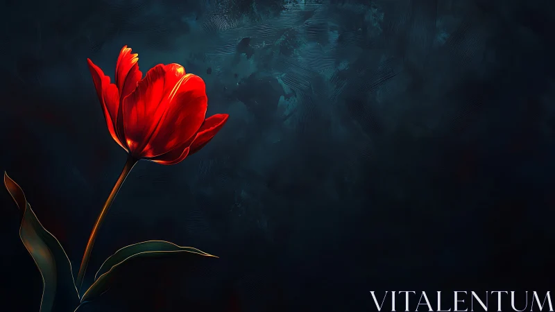 Single red tulip on dark textured digital background.