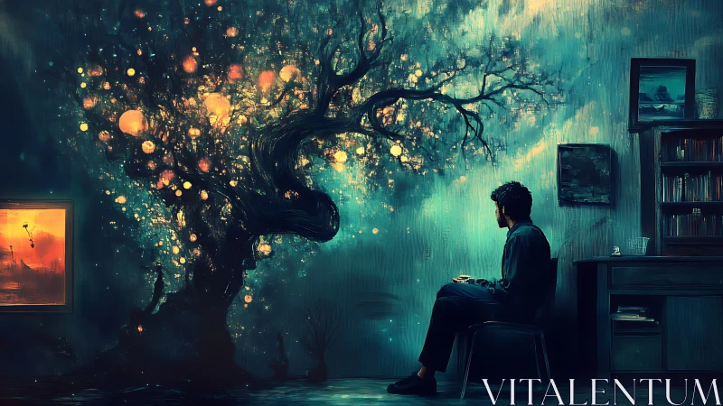 Surreal room with glowing dream tree before seated man.