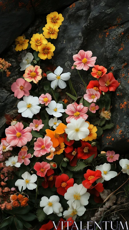 Vibrant flowering plants against weathered dark stone background