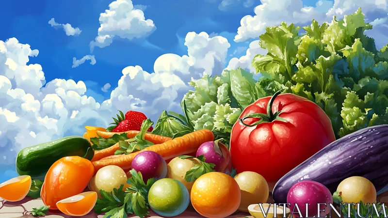 Digital painting still life of garden vegetables under open sky.