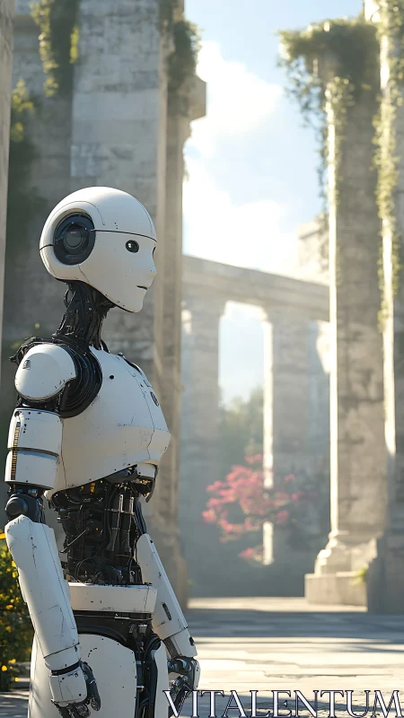 Humanoid robot pauses in sunlit ancient stone courtyard
