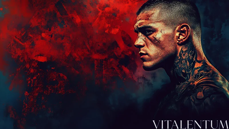 Tattooed fighter profile contrasts against abstract red chaos