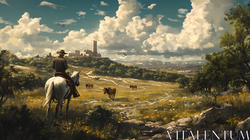 Rider on white horse surveying fortified mesa under cumulus sky.