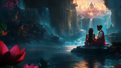 Couple seated by waterfalls facing illuminated hilltop temple.