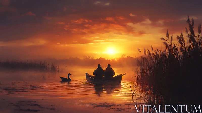Sunrise silhouettes two canoeists amid misty reeds and waterfowl