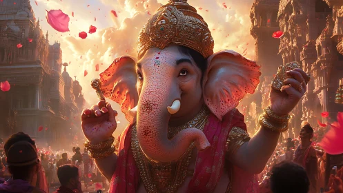 Majestic Ganesha idol glows amid festive temple procession.