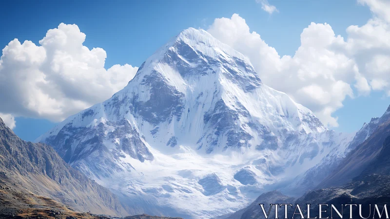 Sky-throned ice titan rising above rugged mountain valleys.