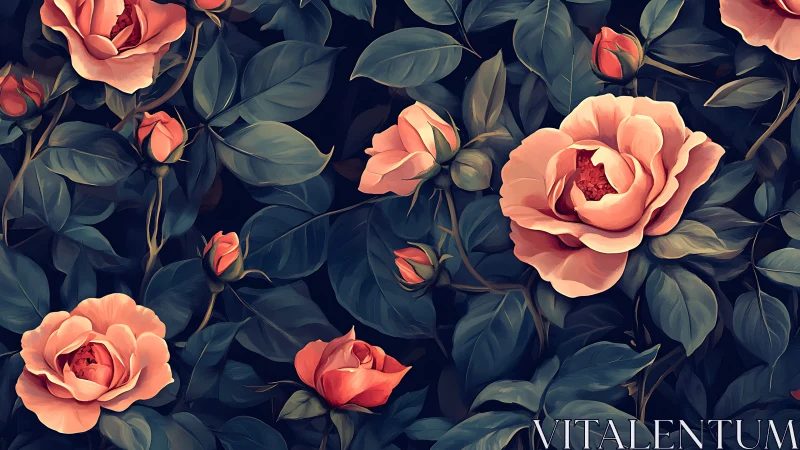 Coral Roses with Foliage Against Deep Navy Background