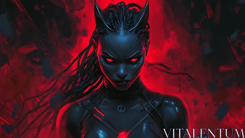 Fierce neon warrior in glowing red and shadowed night.