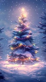 Glowing Christmas tree shining softly in a snowy winter forest.