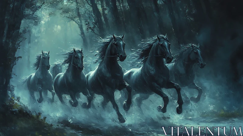 Wild black horses charge through misted forest at dusk