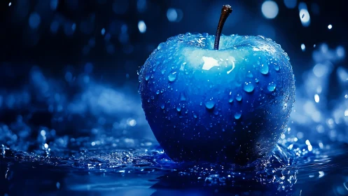 Cobalt blue apple in water splash under dramatic lighting.