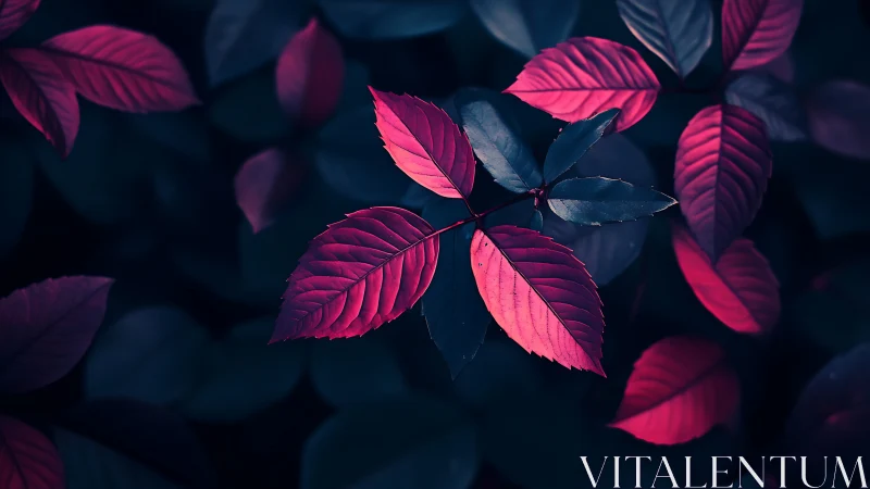 Neon rose leaves glow against deep blue shadow field.