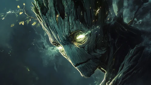 Luminescent tree humanoid face in dark forest setting.