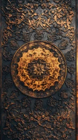 Ornate oxidized brass medallion with floral arabesque relief