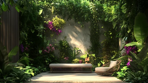 Rendered garden lounge integrates dense vertical foliage