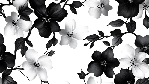 Black and White Floral Pattern with Blooming Flowers and Leaves